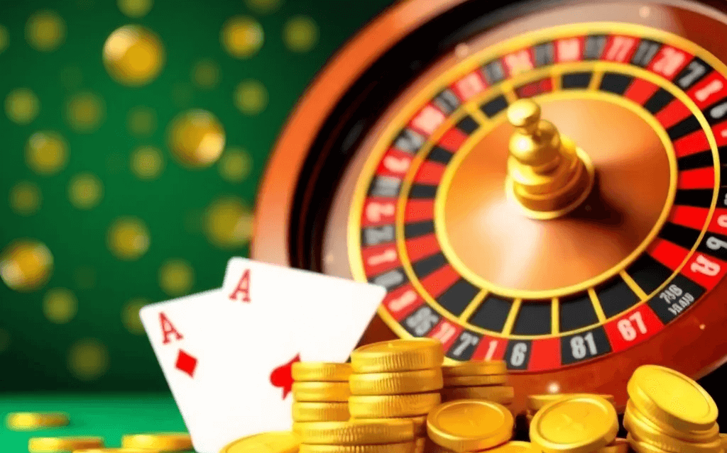 Casino background with roulette wheel, cards, and gold coins